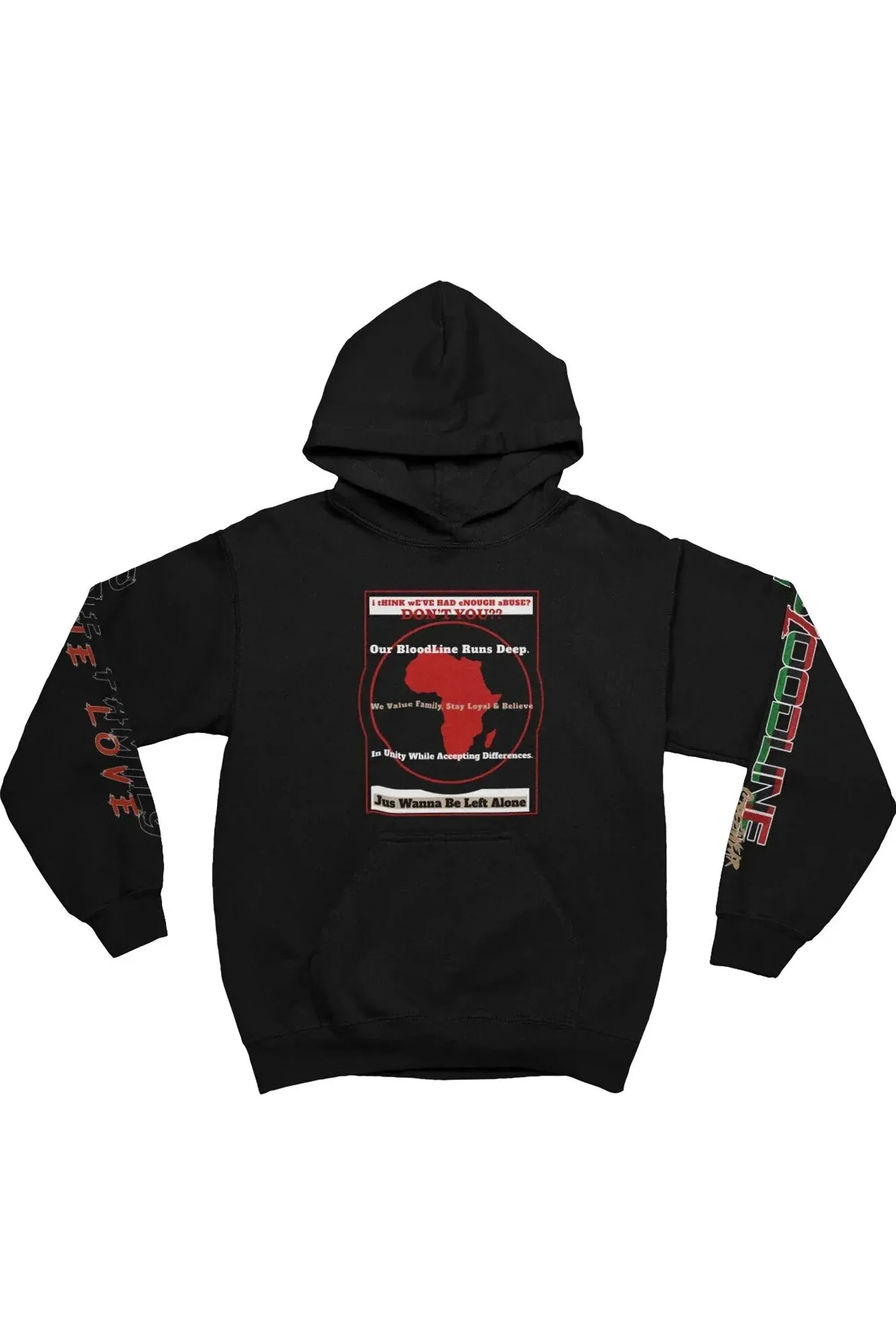 A black pullover hoodie with a central graphic print featuring a red silhouette of Africa and text, with red text printed down both sleeves.